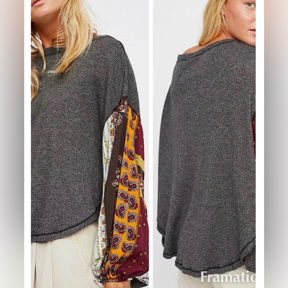 We The Free Gray Pullover Sweater with Paisley Patchwork Sleeves M